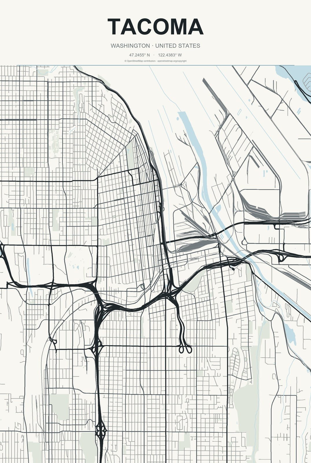 Tacoma, Washington City Map Aluminum Sign in Headline Atlas style