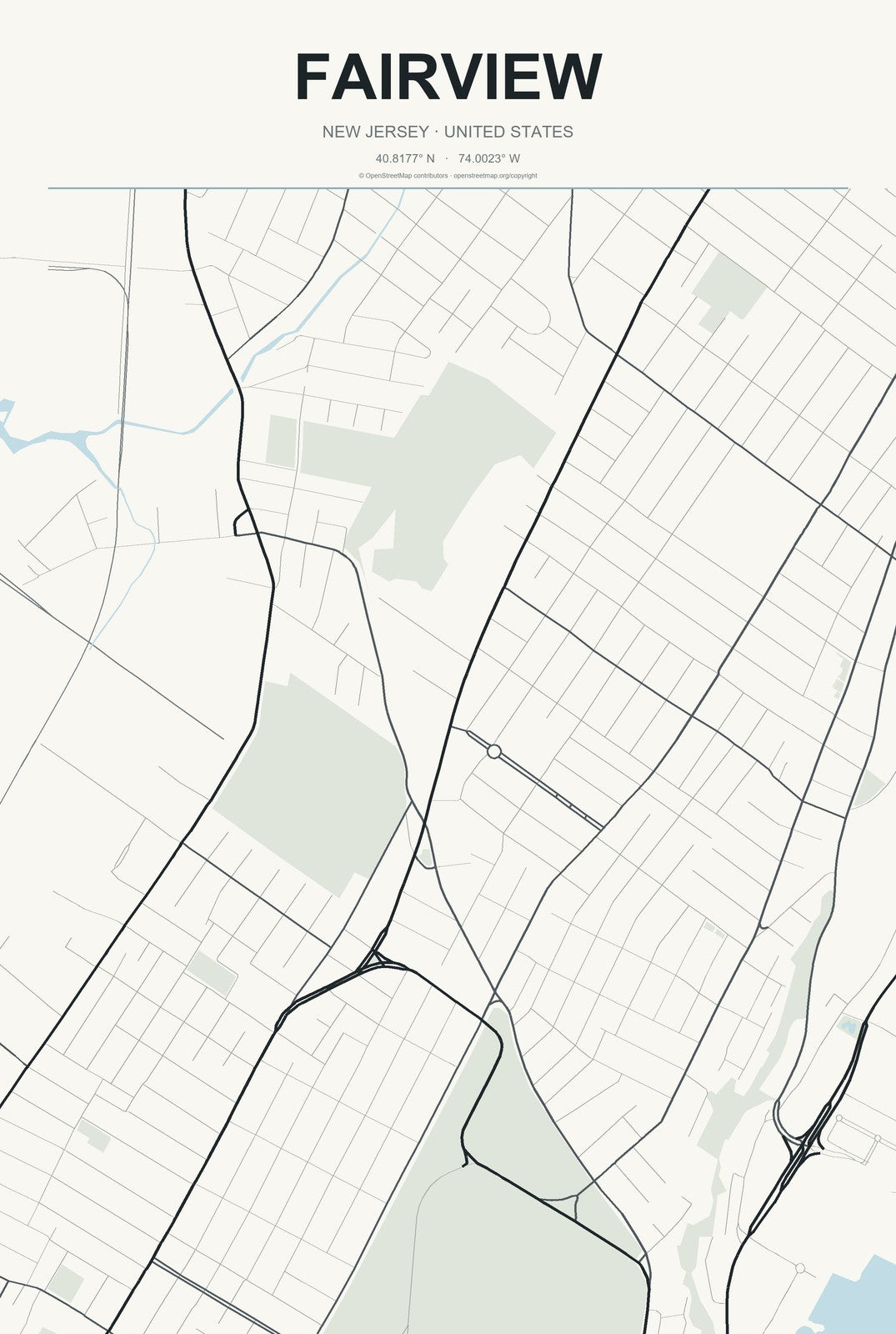 Fairview, New Jersey City Map Aluminum Sign in Headline Atlas style