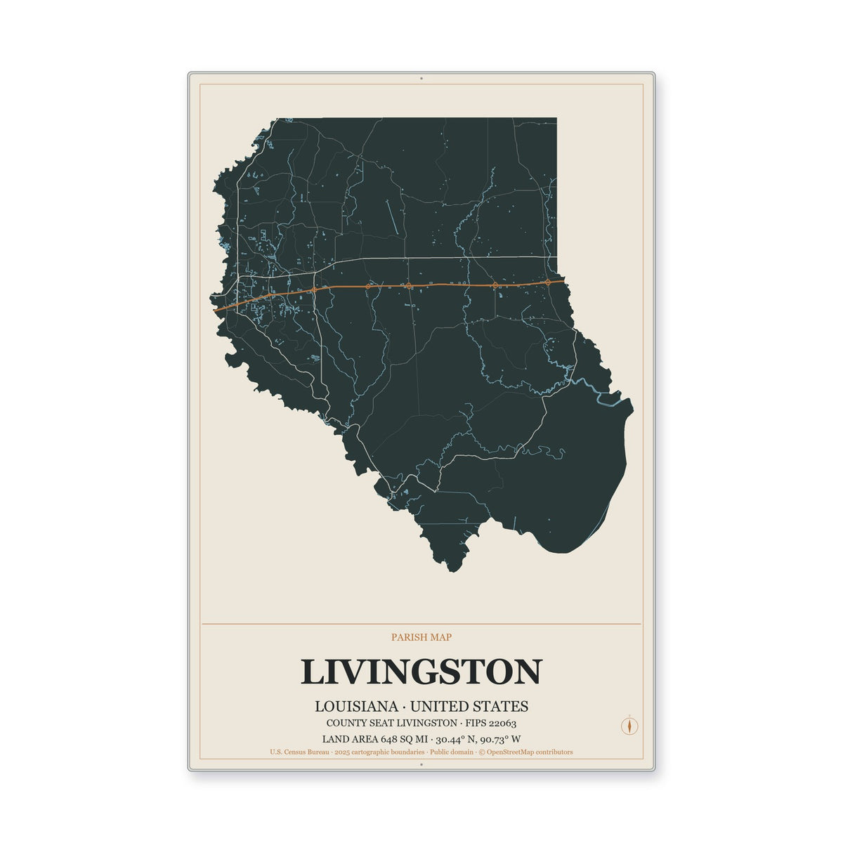 Livingston Parish, Louisiana Map Aluminum Sign in Headline Atlas style