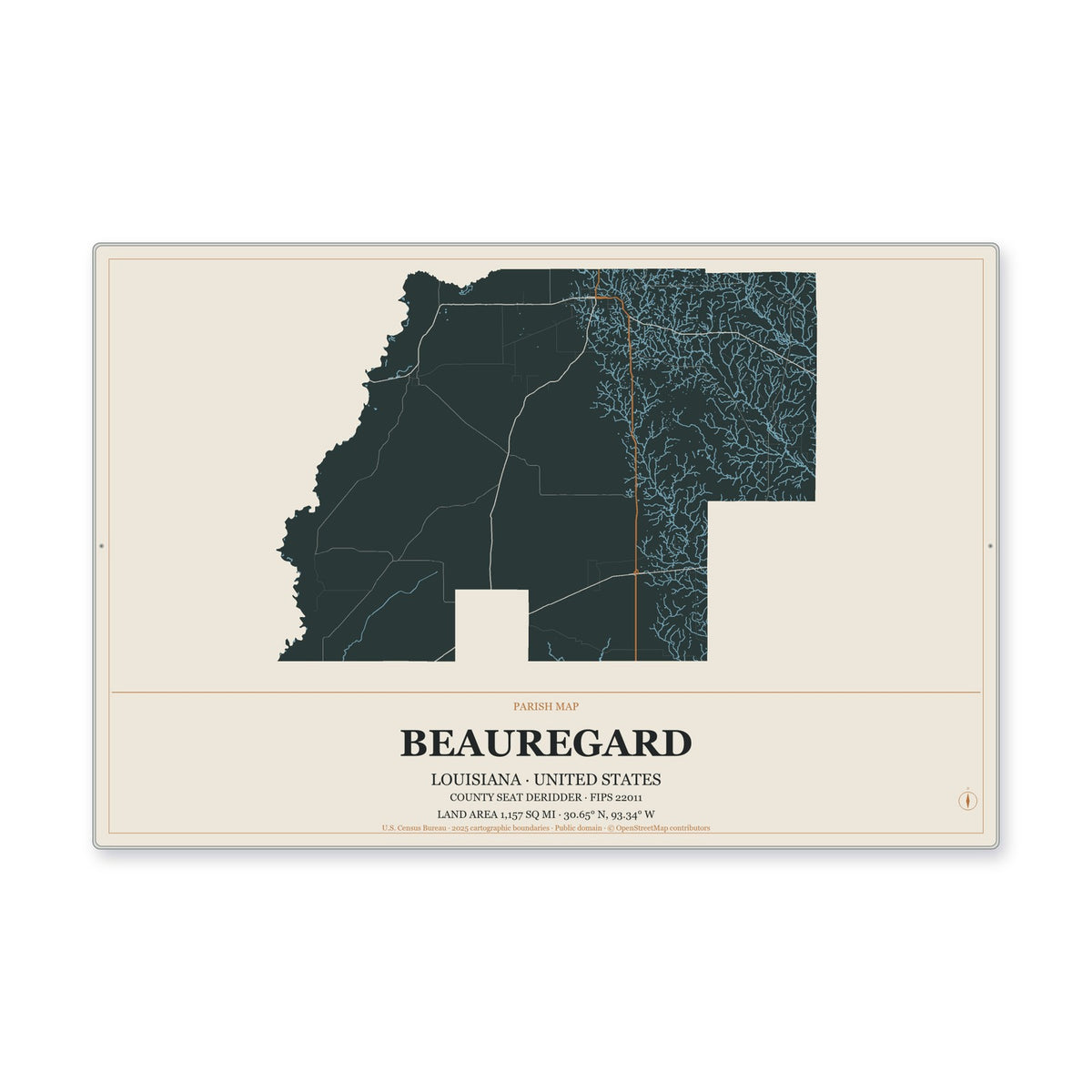 Beauregard Parish, Louisiana Map Aluminum Sign in Headline Atlas style