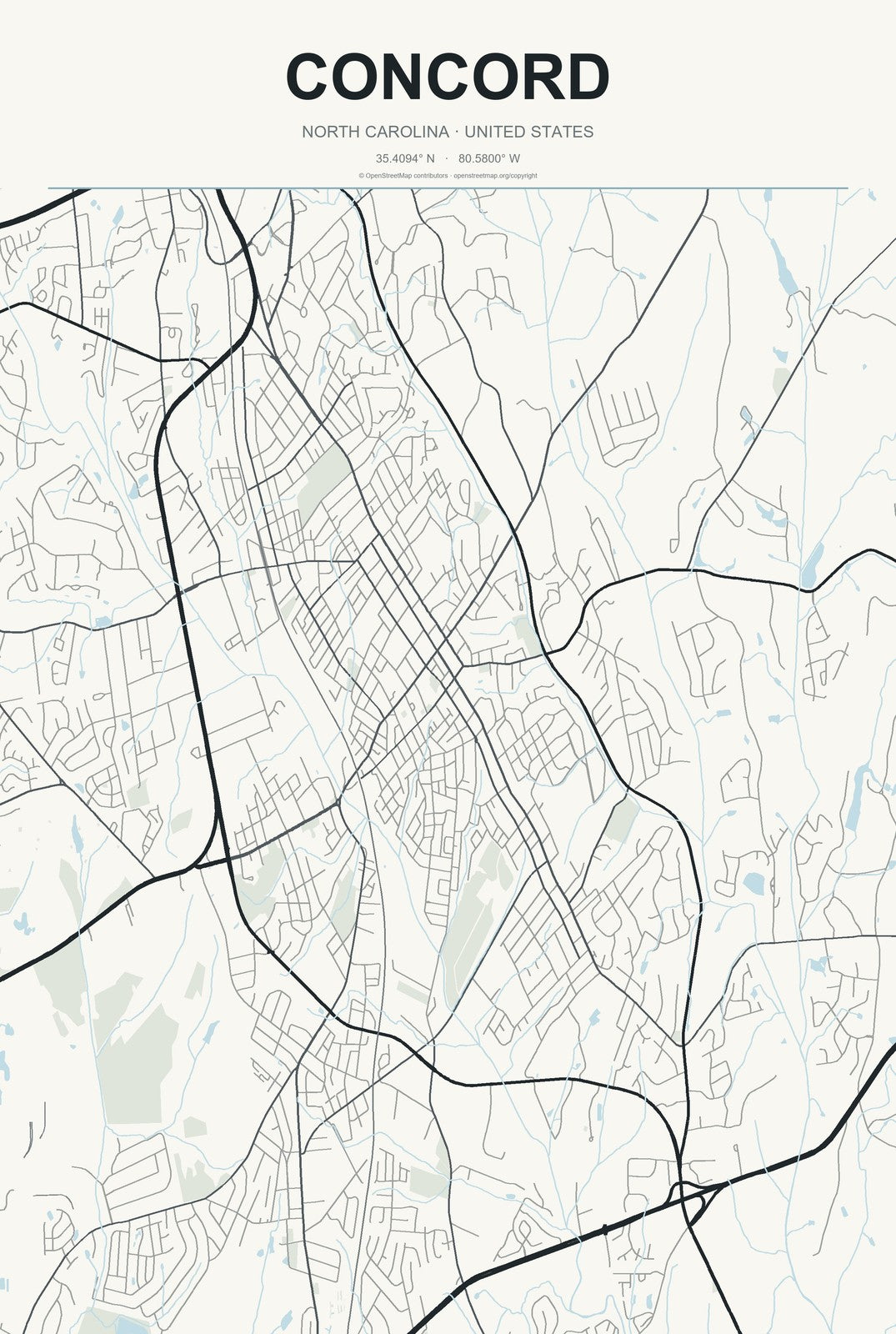 Concord, North Carolina City Map Aluminum Sign in Headline Atlas style