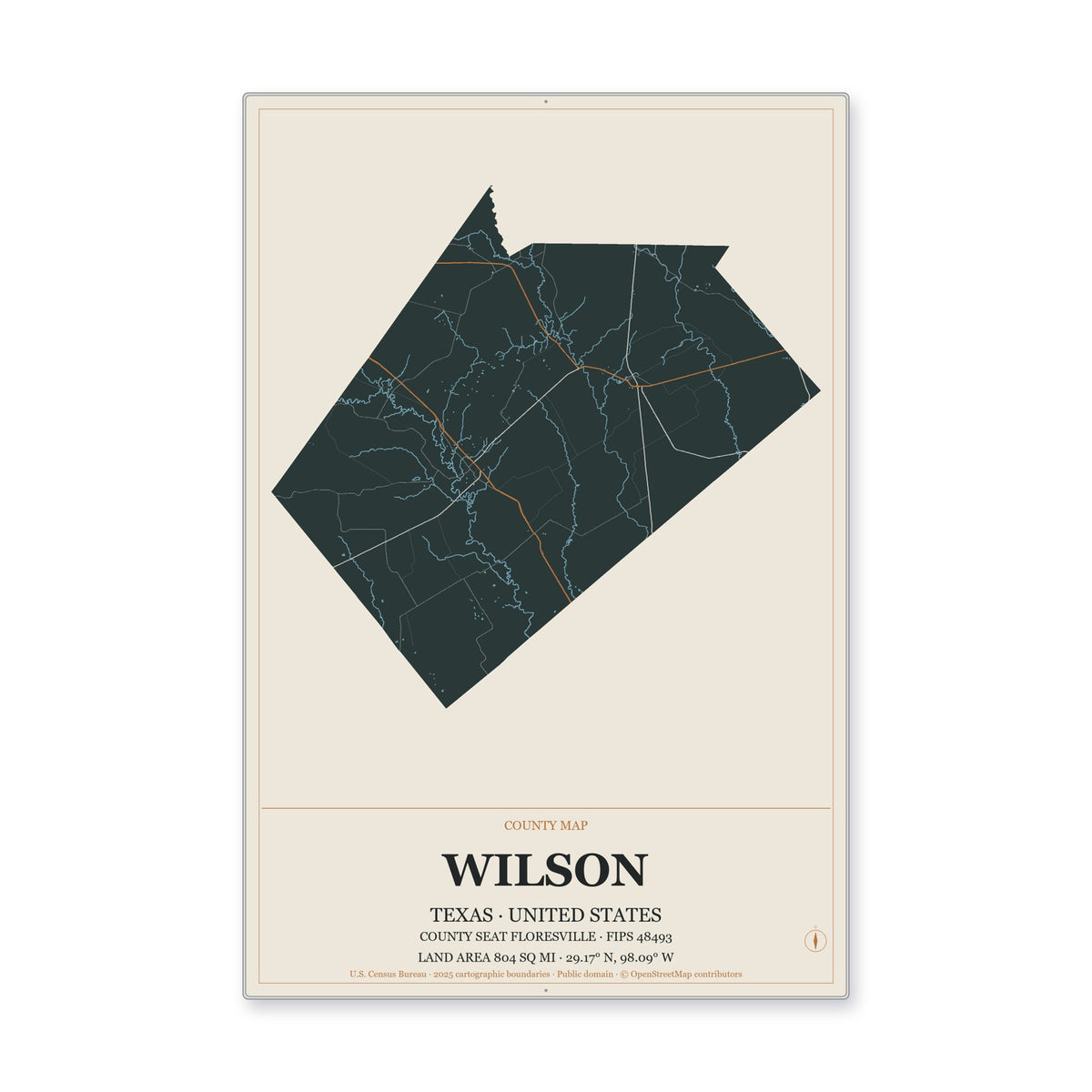 Wilson County, Texas Map Aluminum Sign in Headline Atlas style