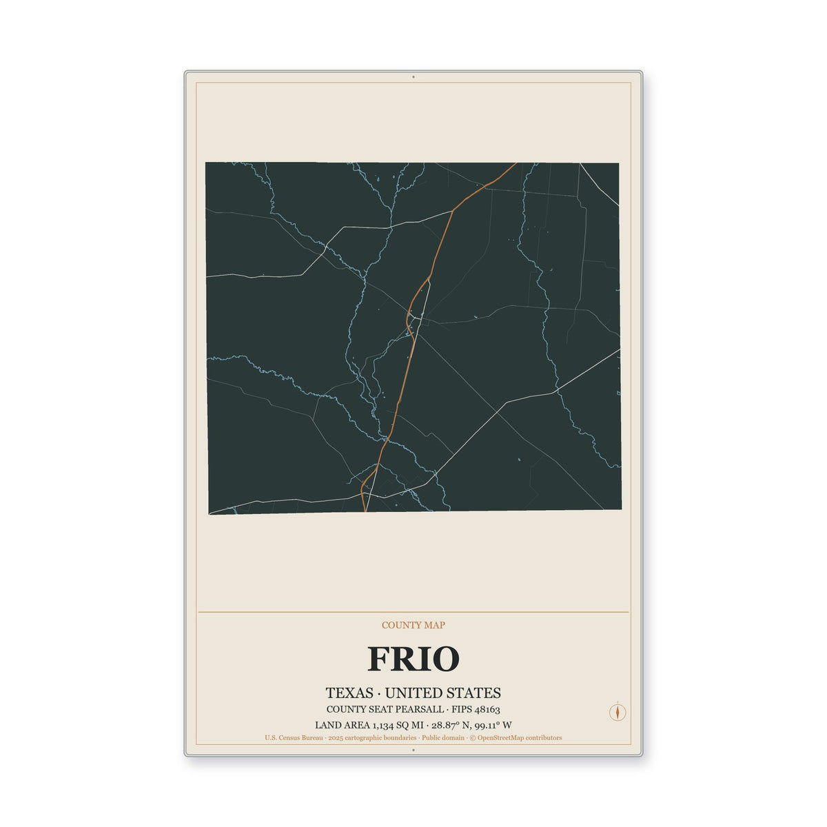 Frio County, Texas Map Aluminum Sign in Headline Atlas style