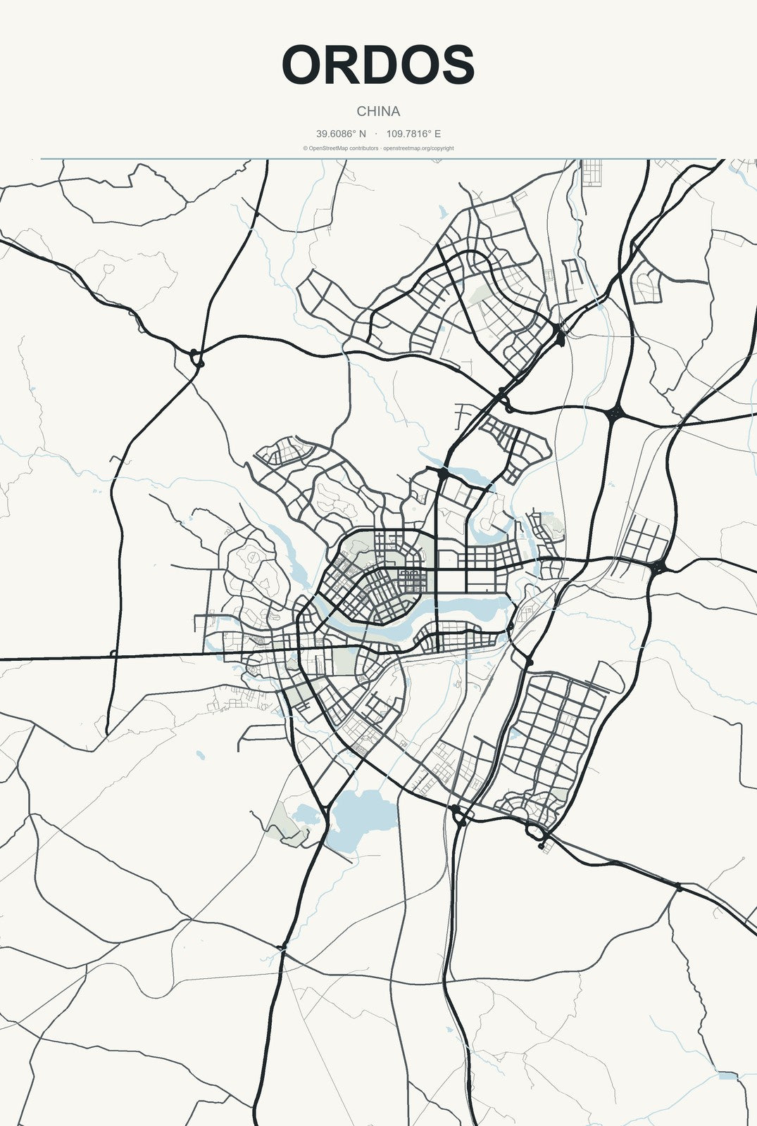 Ordos, China City Map Aluminum Sign in Headline Atlas style