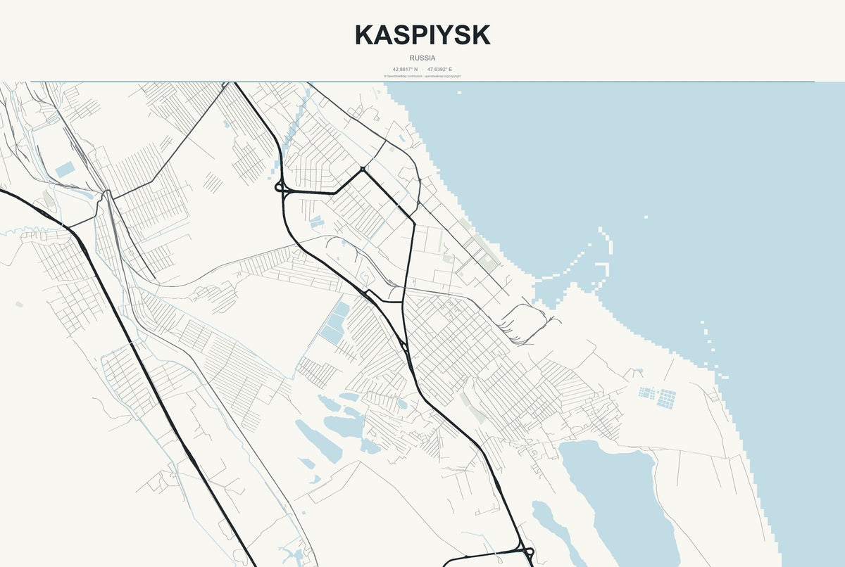 Kaspiysk, Russia City Map Aluminum Sign in Headline Atlas style