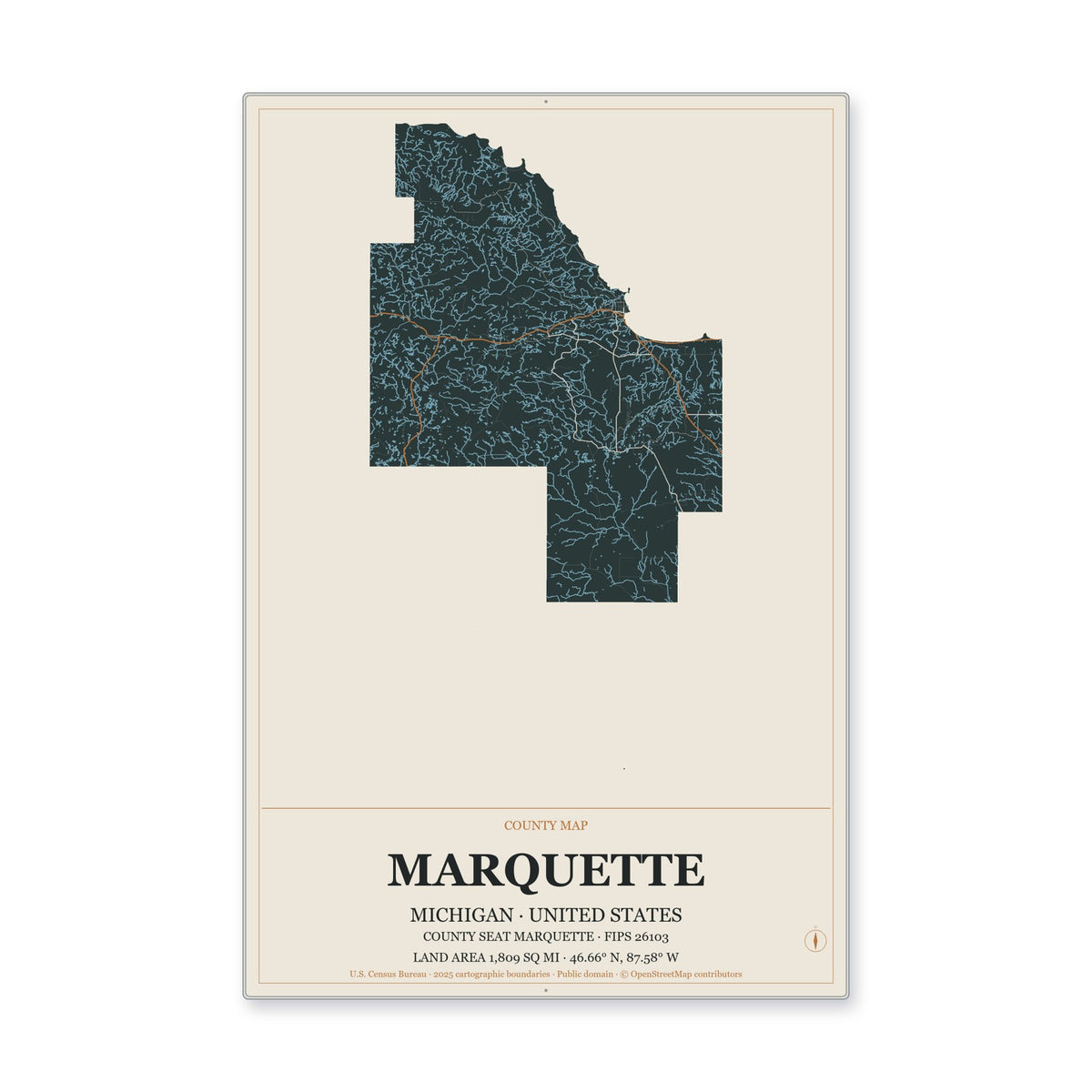 Marquette County, Michigan Map Aluminum Sign in Headline Atlas style