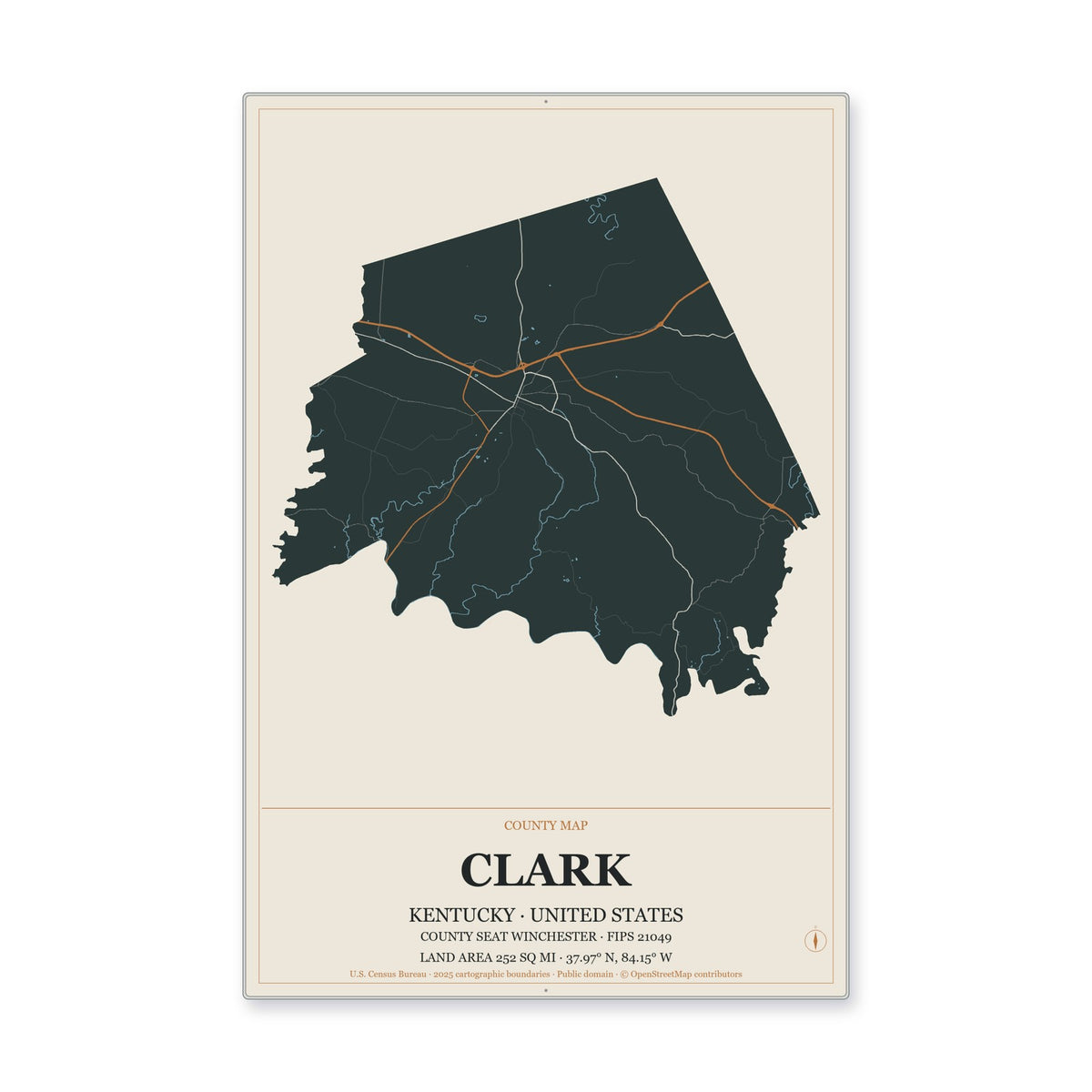 Clark County, Kentucky Map Aluminum Sign in Headline Atlas style