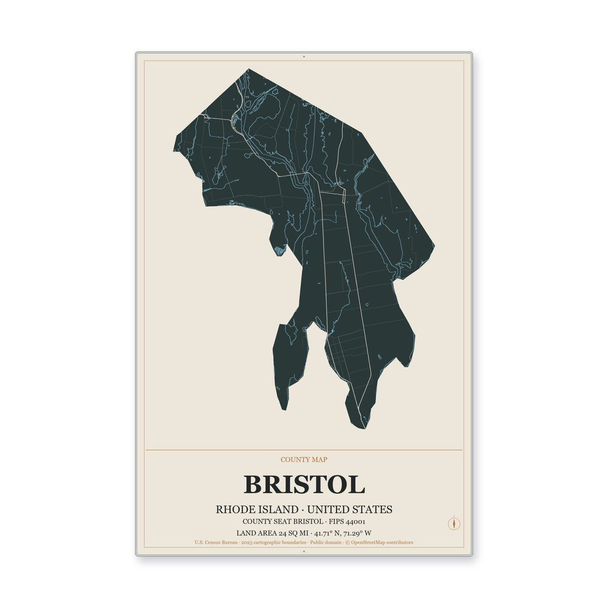 Bristol County, Rhode Island Map Aluminum Sign in Headline Atlas style