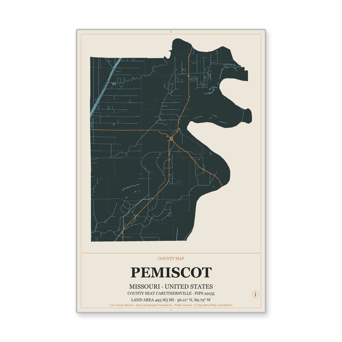 Pemiscot County, Missouri Map Aluminum Sign in Headline Atlas style