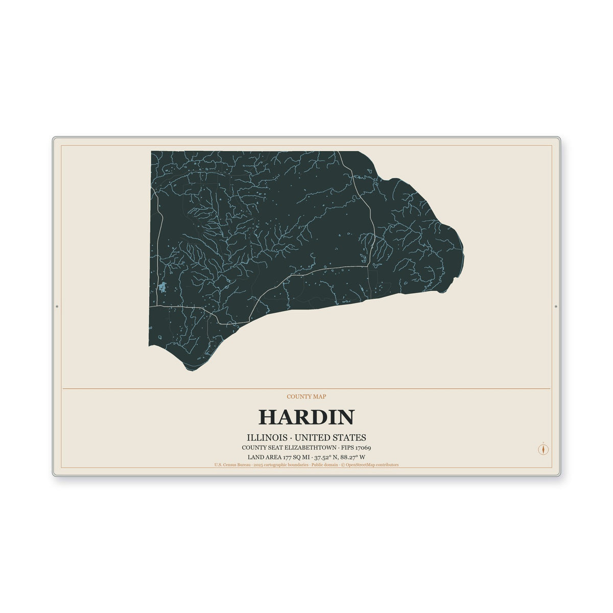 Hardin County, Illinois Map Aluminum Sign in Headline Atlas style