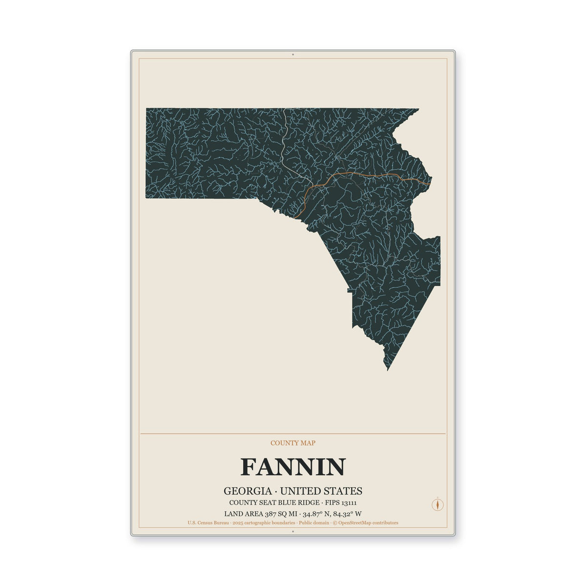 Fannin County, Georgia Map Aluminum Sign in Headline Atlas style