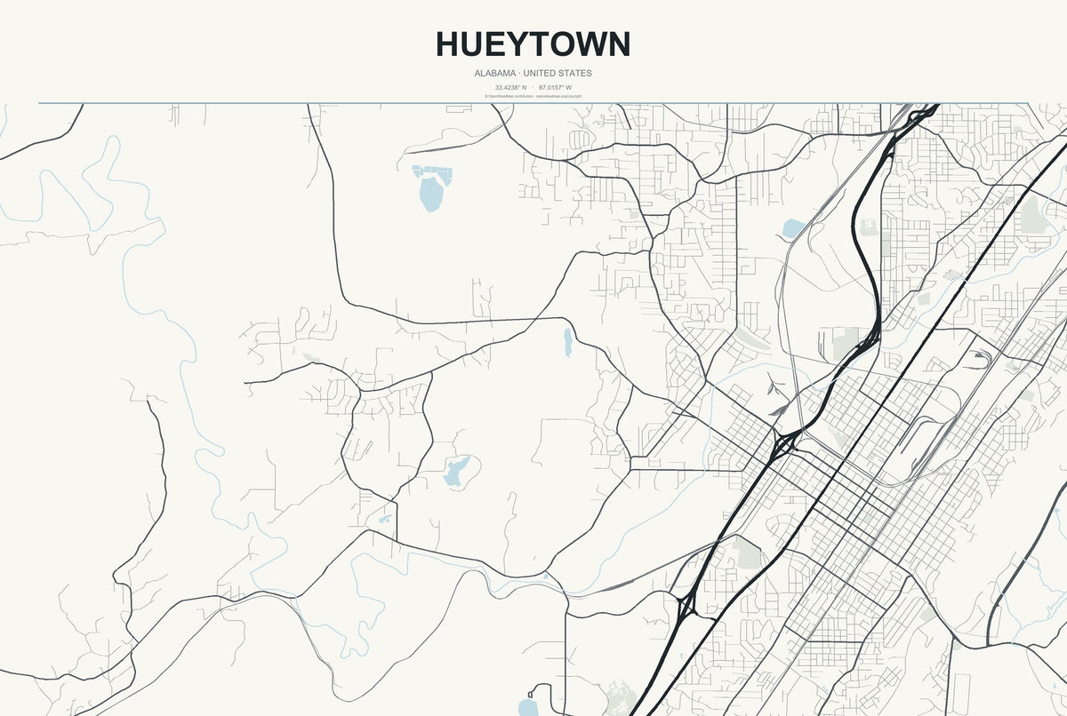 Hueytown, Alabama City Map Aluminum Sign in Headline Atlas style