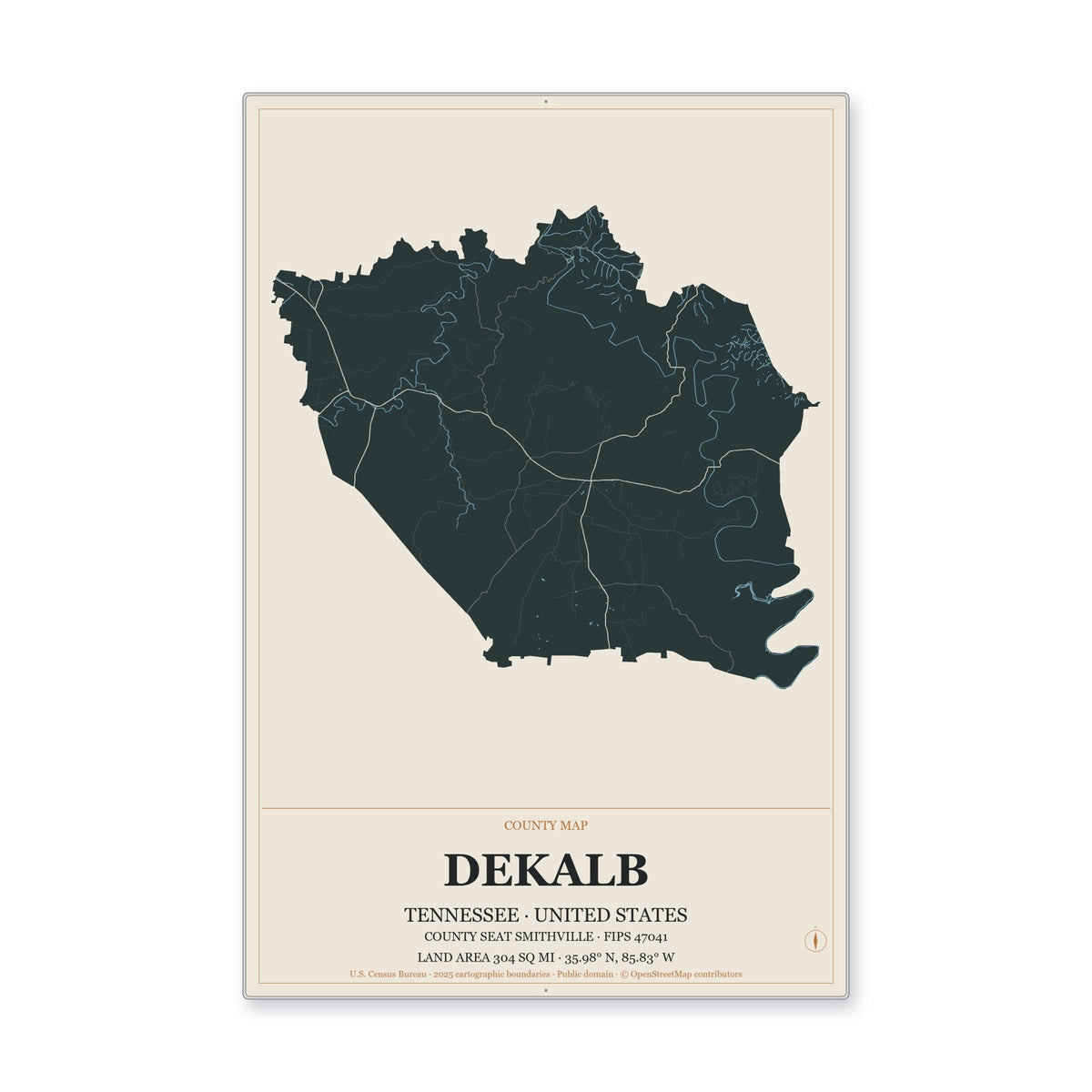 DeKalb County, Tennessee Map Aluminum Sign in Headline Atlas style