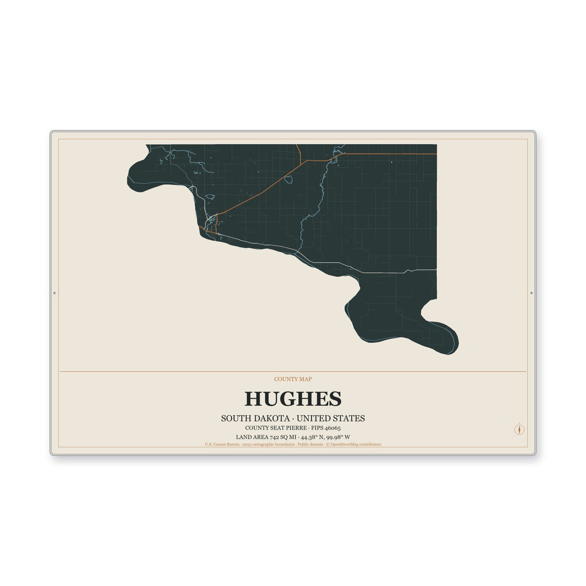 Hughes County, South Dakota Map Aluminum Sign in Headline Atlas style