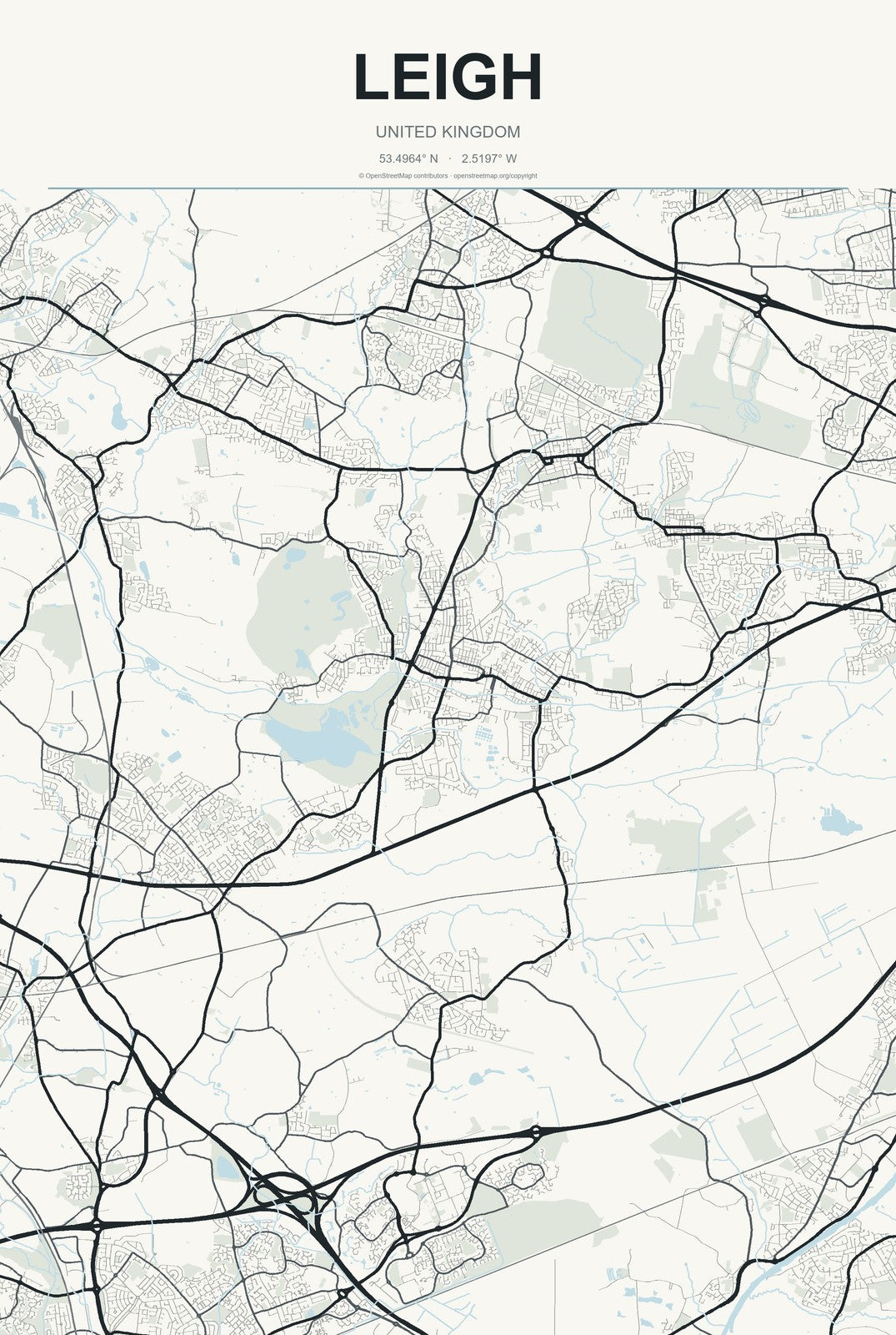 Leigh, United Kingdom City Map Aluminum Sign in Headline Atlas style