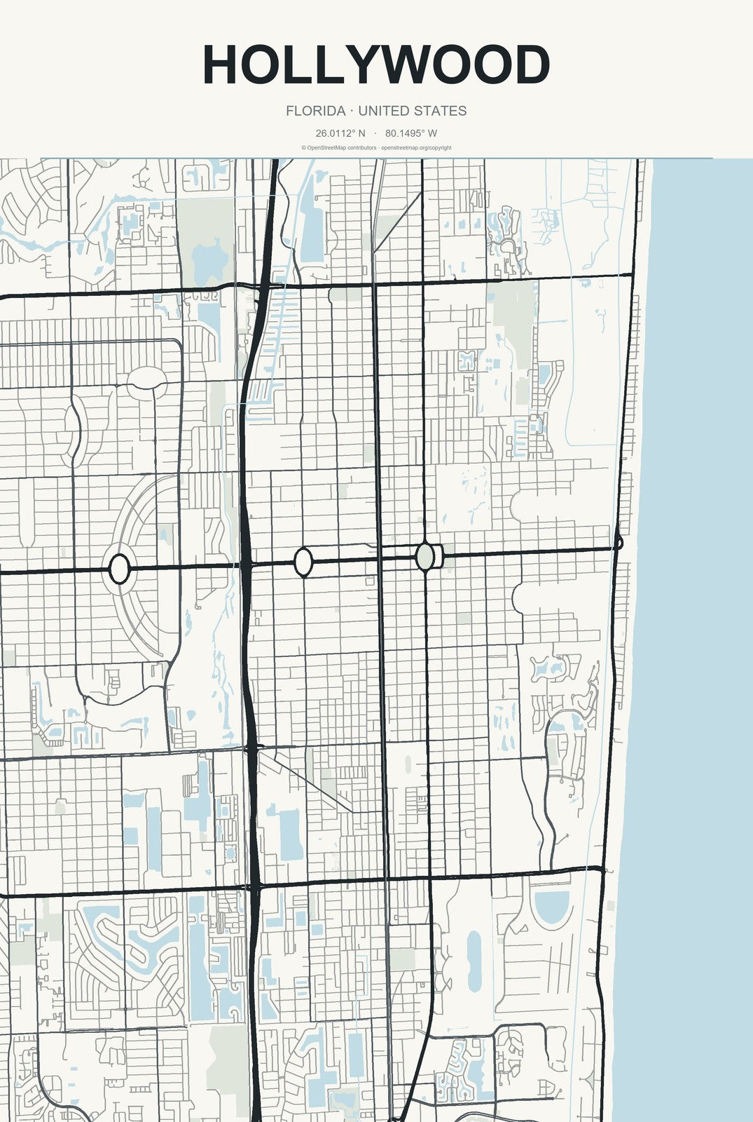 Hollywood, Florida City Map Aluminum Sign in Headline Atlas style