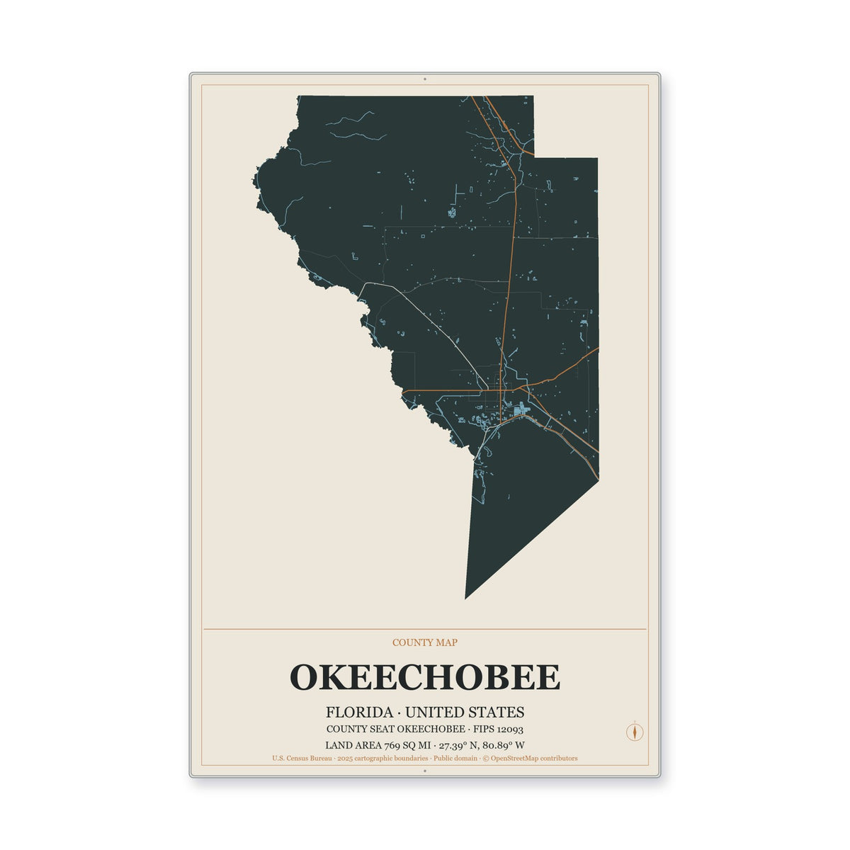 Okeechobee County, Florida Map Aluminum Sign in Headline Atlas style