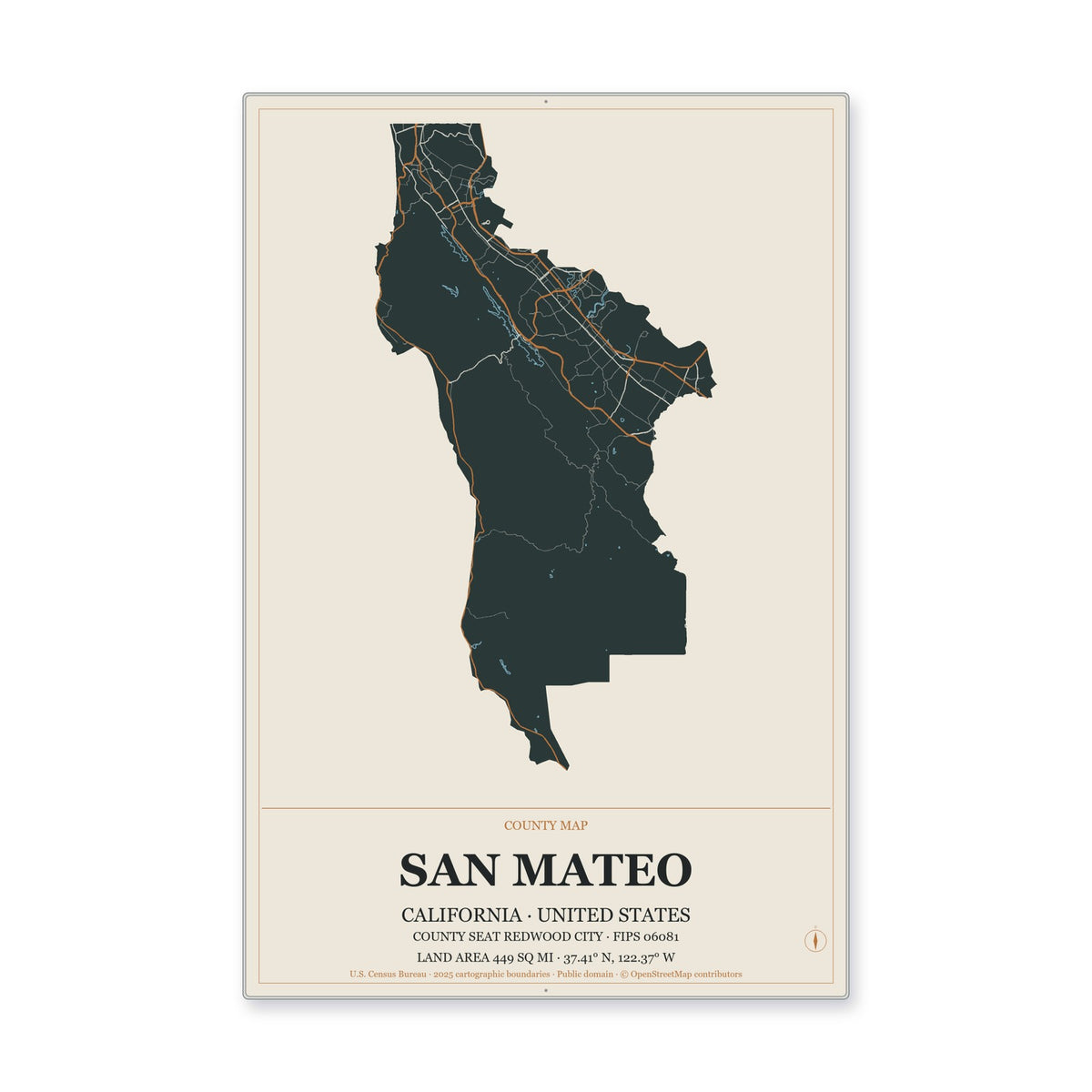 San Mateo County, California Map Aluminum Sign in Headline Atlas style