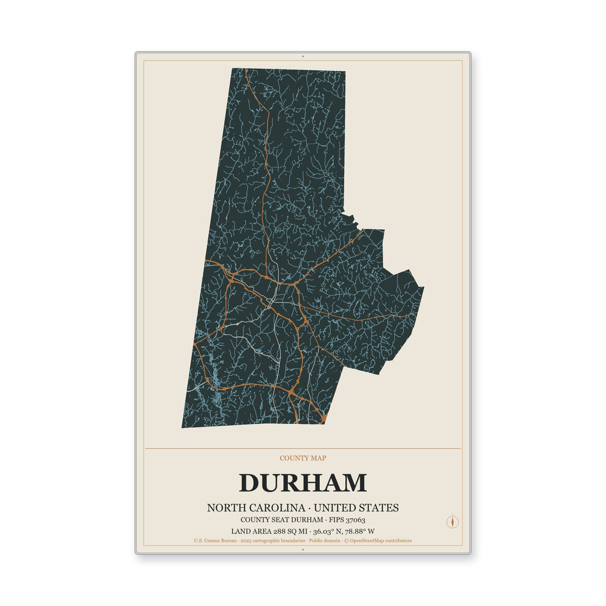 Durham County, North Carolina Map Aluminum Sign in Headline Atlas style