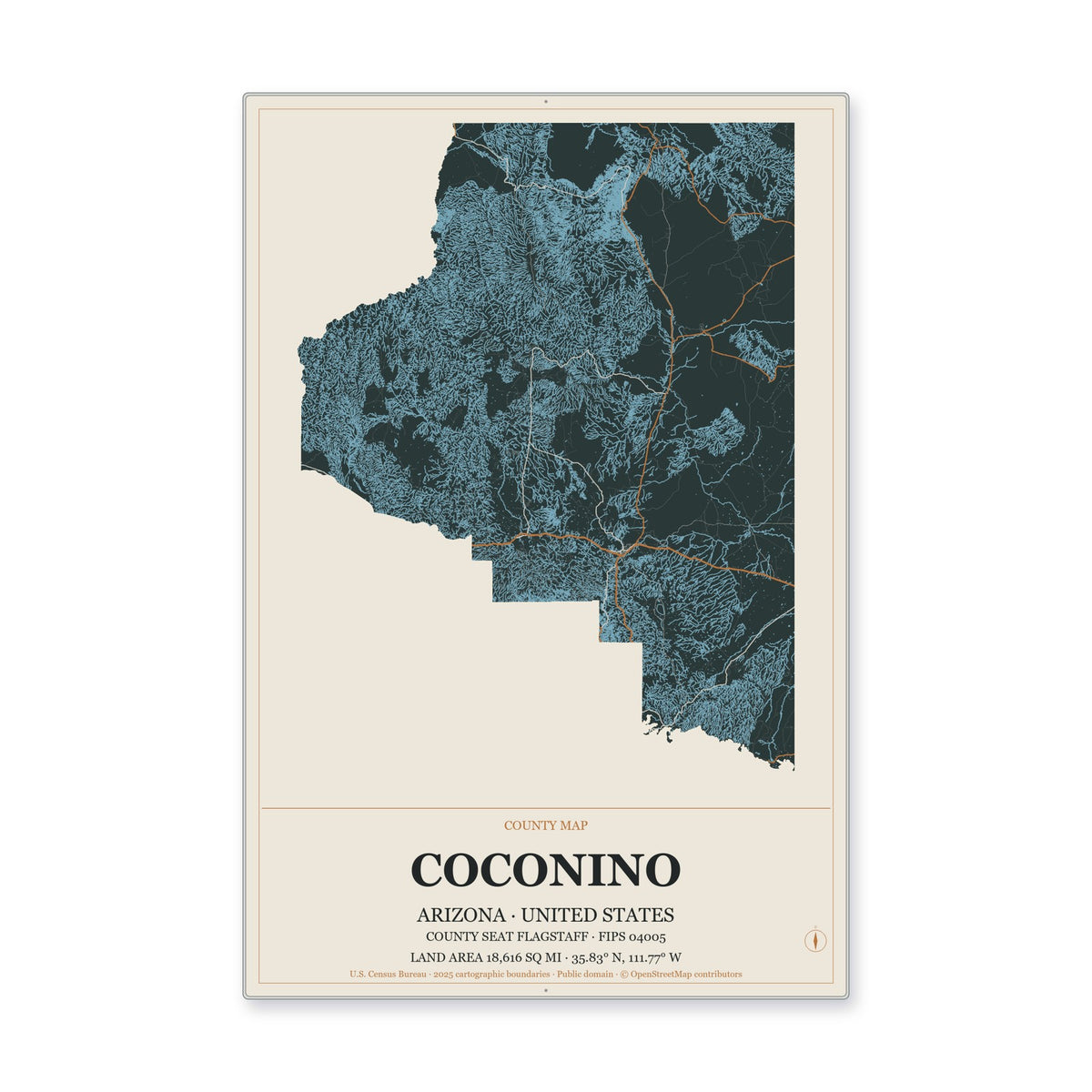 Coconino County, Arizona Map Aluminum Sign in Headline Atlas style