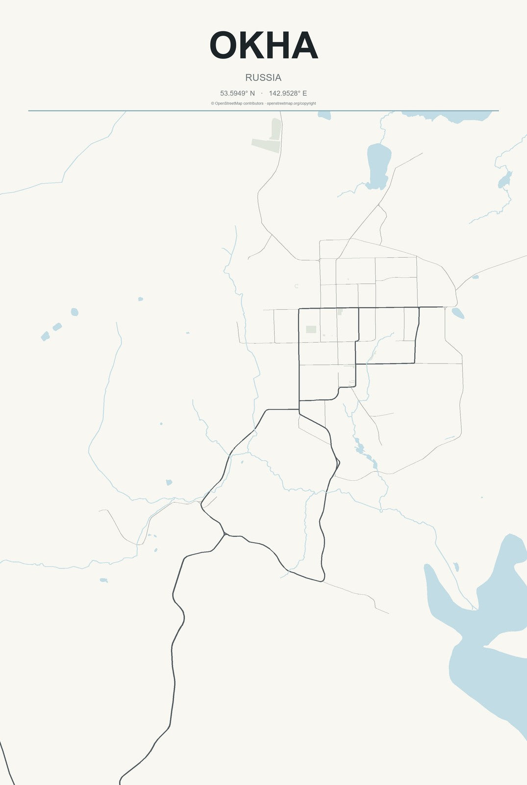 Okha, Russia City Map Aluminum Sign in Headline Atlas style