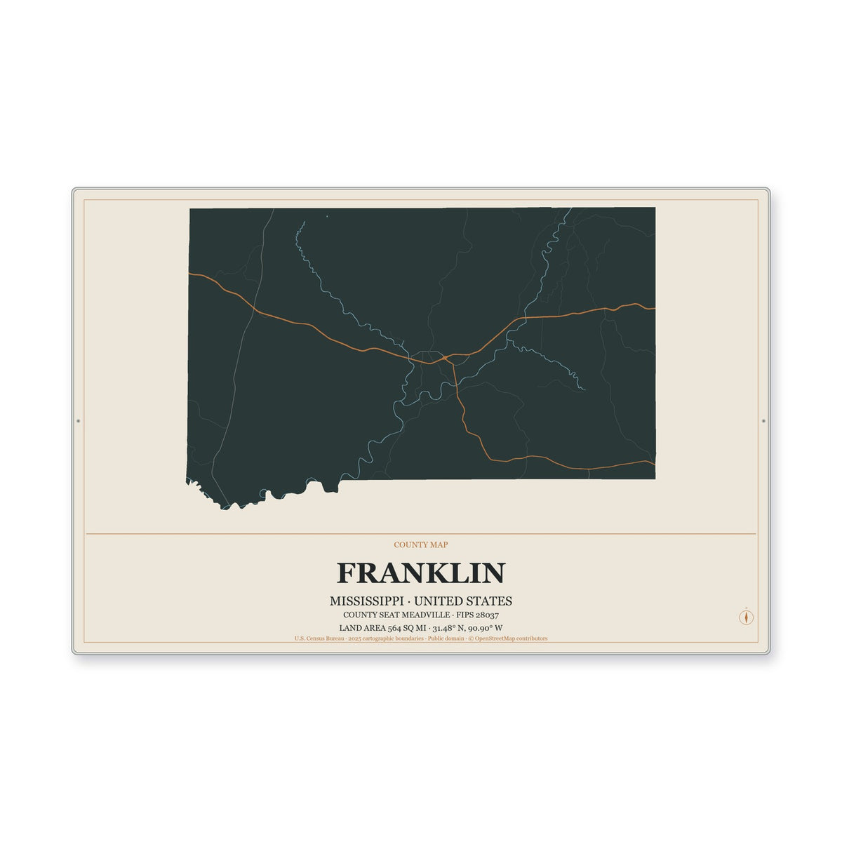 Franklin County, Mississippi Map Aluminum Sign in Headline Atlas style