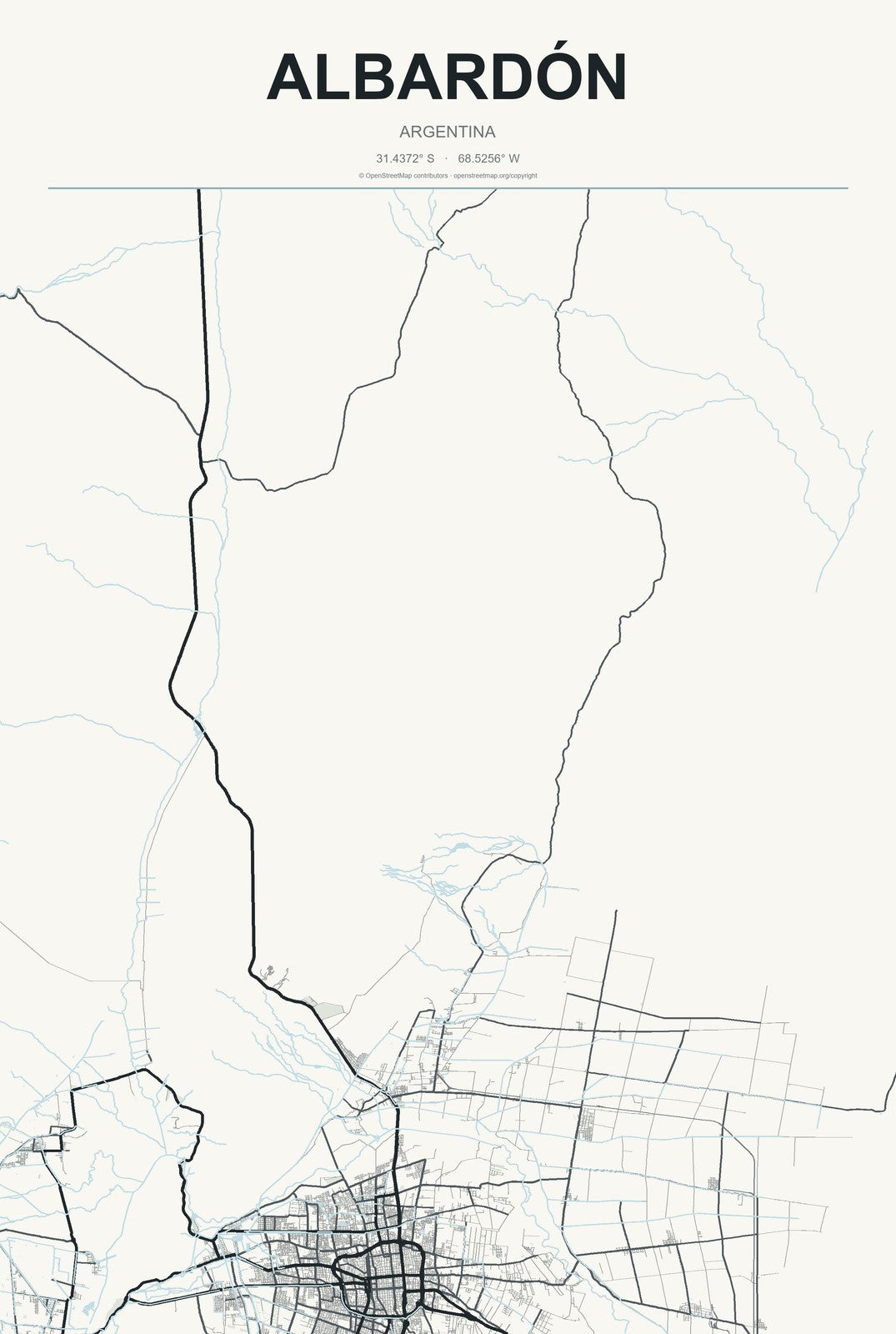 Albardón, Argentina City Map Aluminum Sign in Headline Atlas style