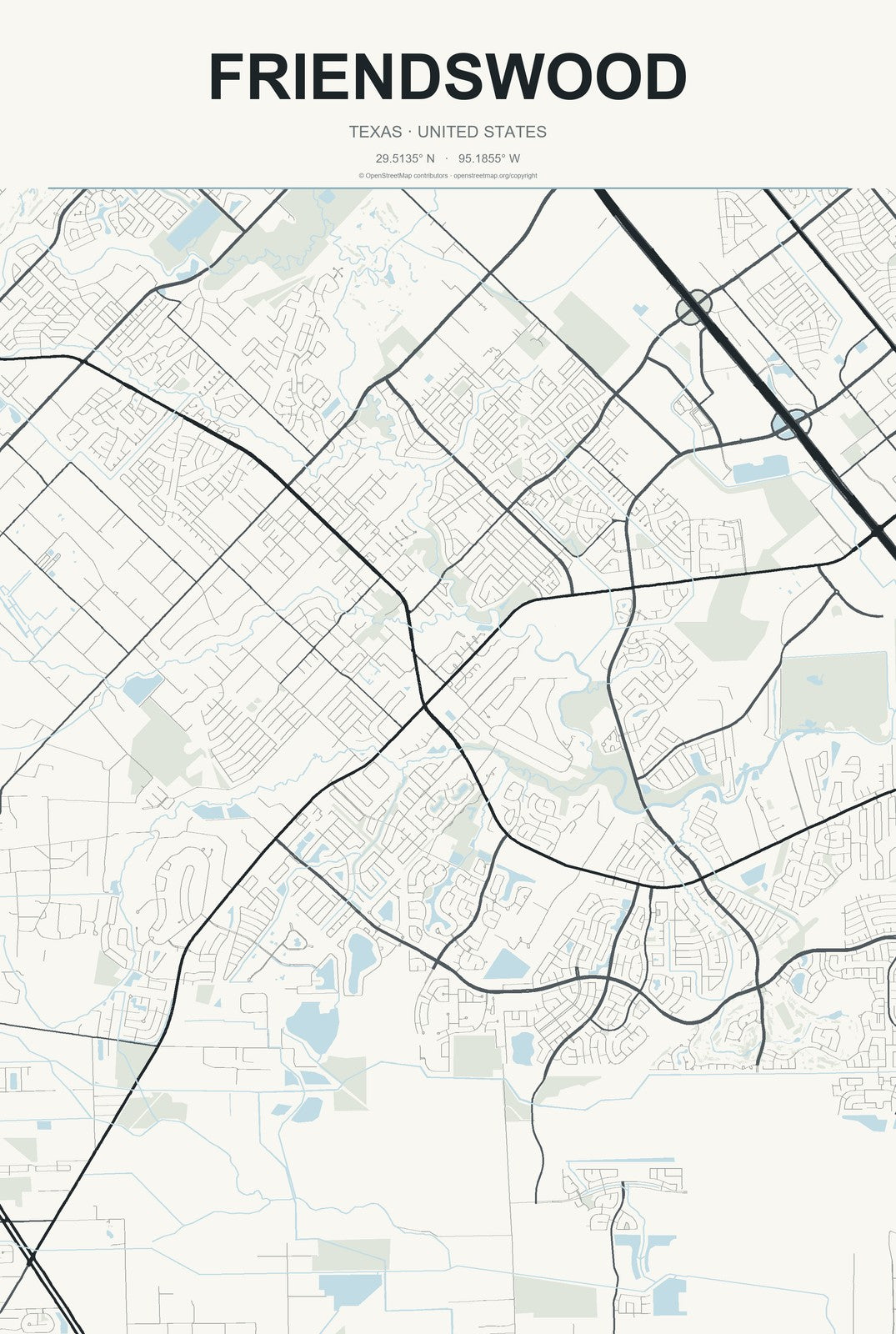 Friendswood, Texas City Map Aluminum Sign in Headline Atlas style