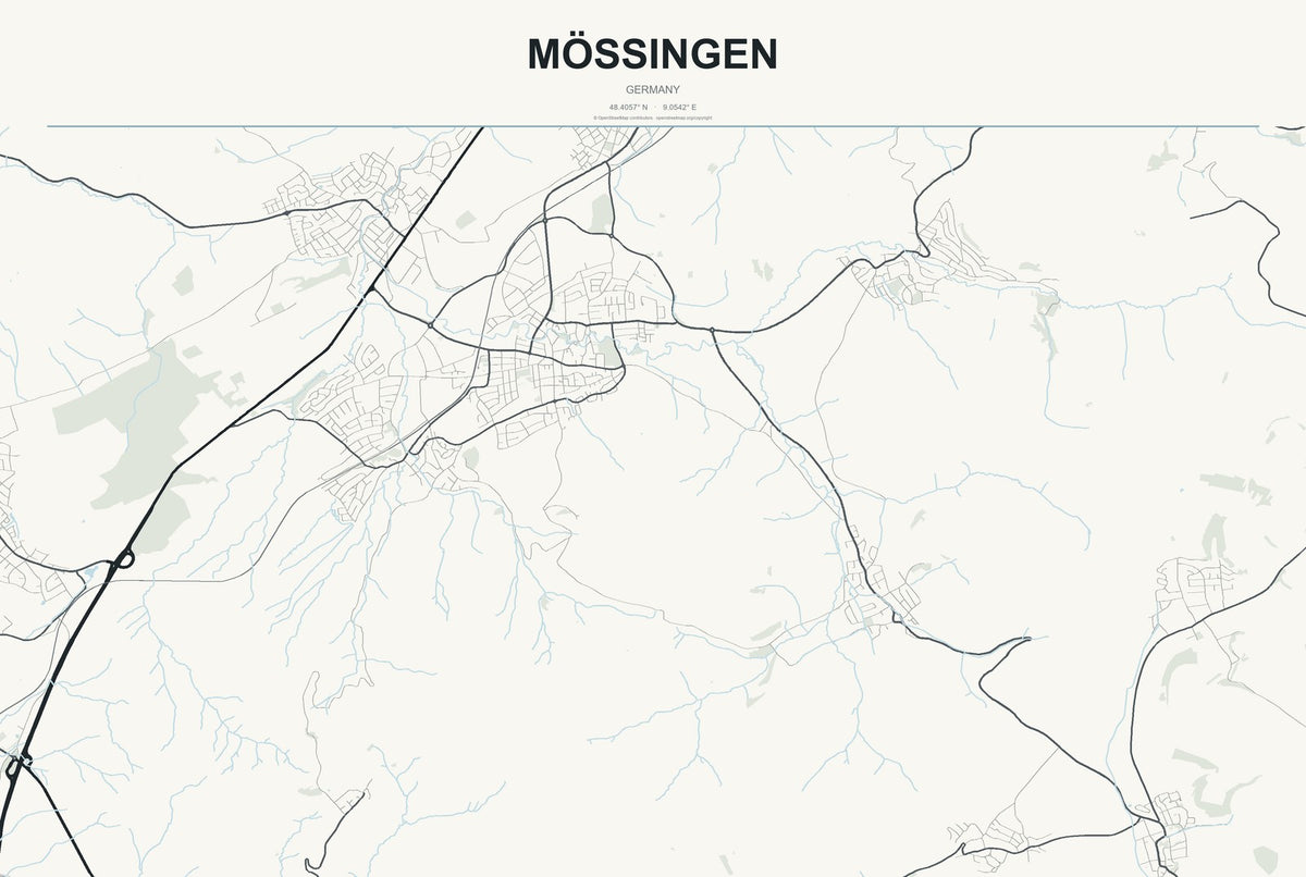 Mössingen, Germany City Map Aluminum Sign in Headline Atlas style