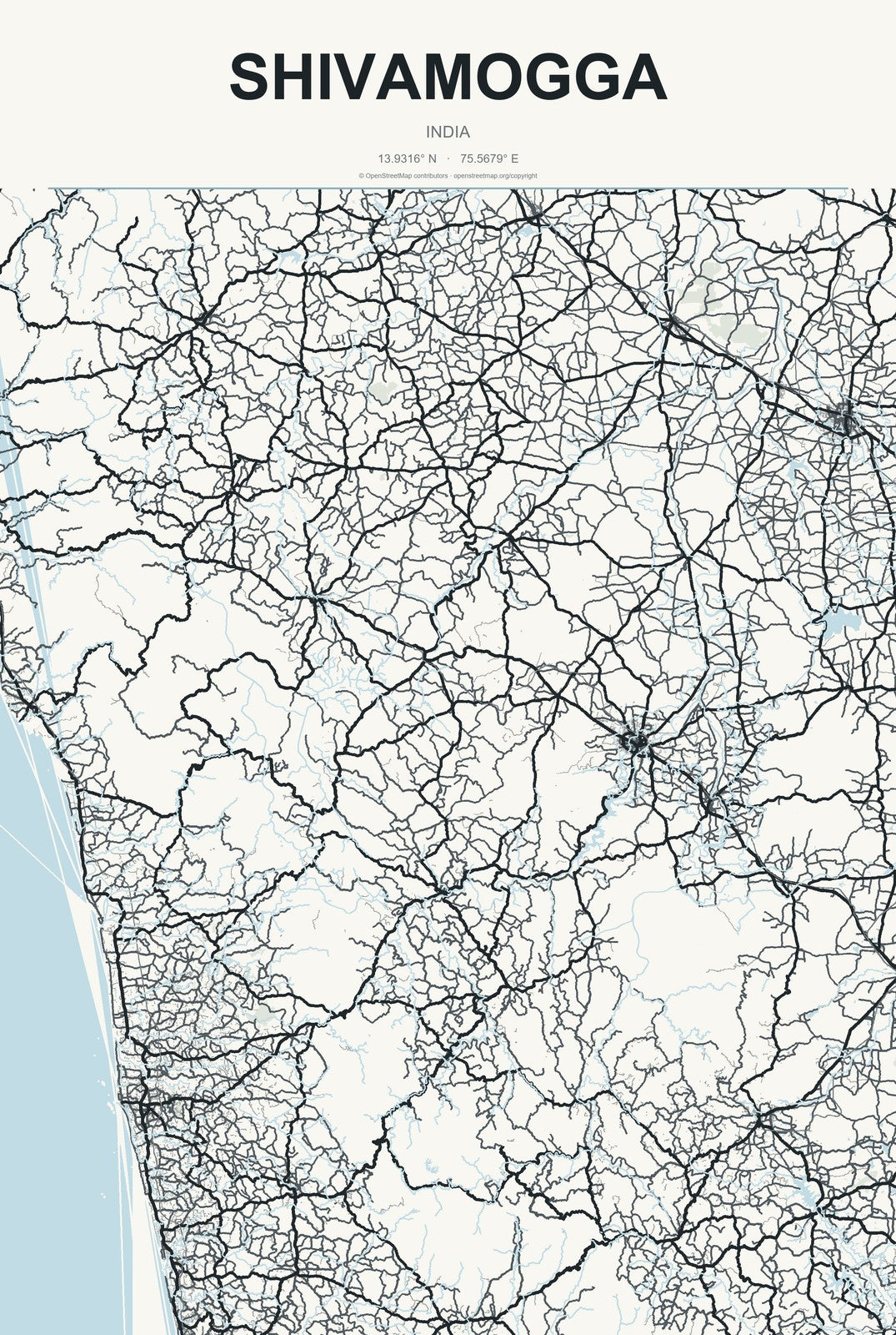 Shivamogga, India City Map Aluminum Sign in Headline Atlas style