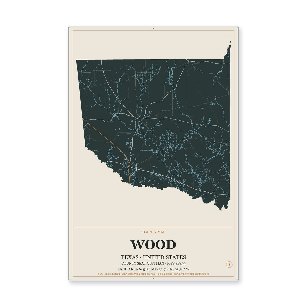 Wood County, Texas Map Aluminum Sign in Headline Atlas style