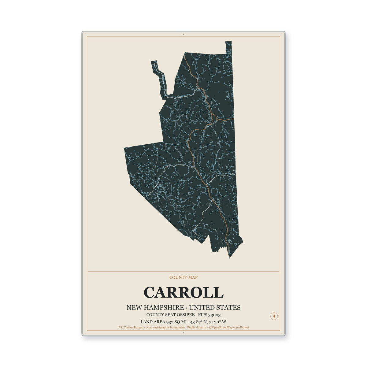 Carroll County, New Hampshire Map Aluminum Sign in Headline Atlas style