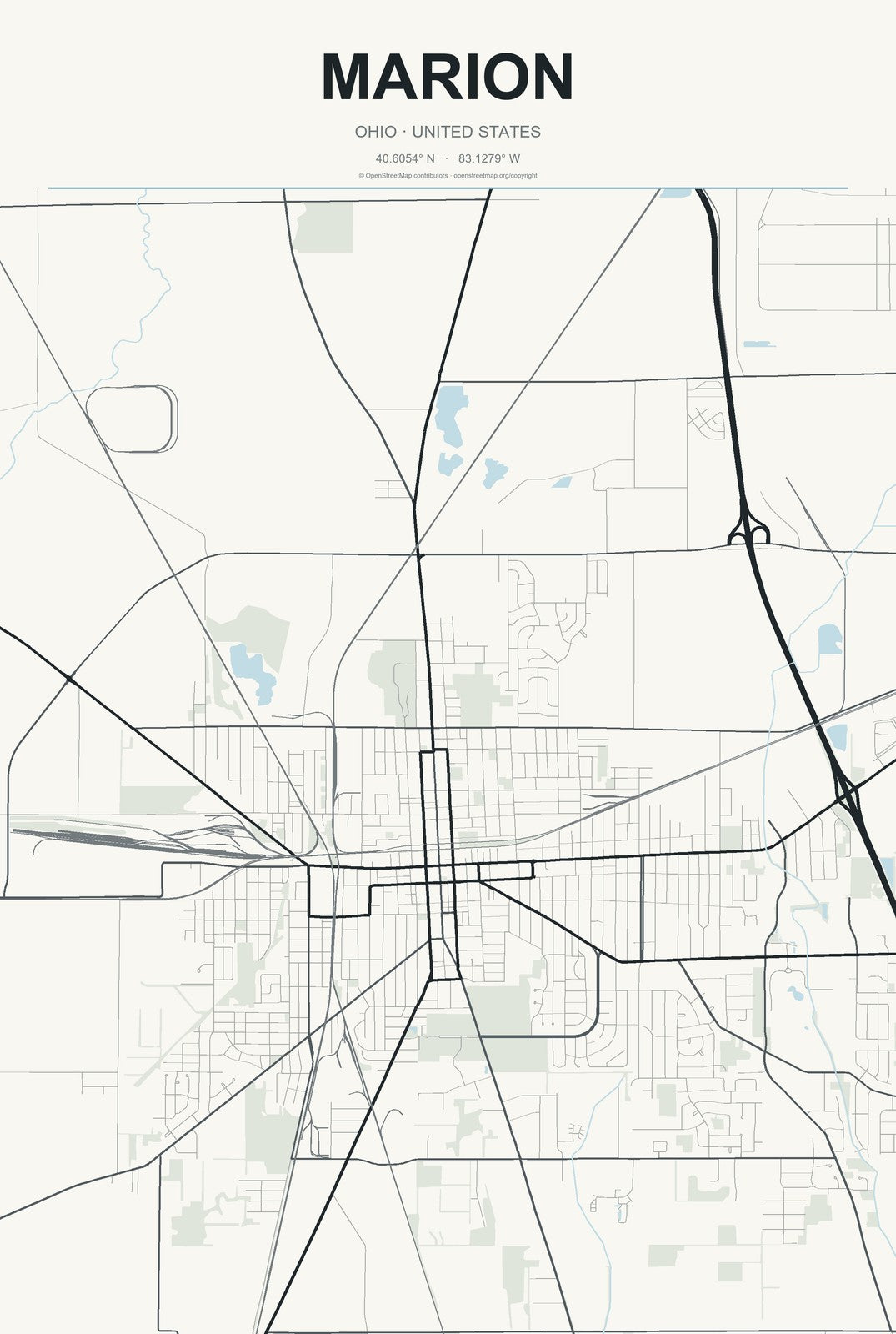 Marion, Ohio City Map Aluminum Sign in Headline Atlas style