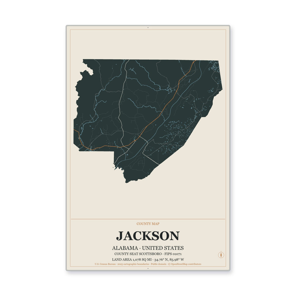 Jackson County, Alabama Map Aluminum Sign in Headline Atlas style