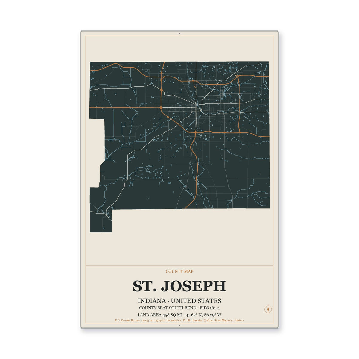 St. Joseph County, Indiana Map Aluminum Sign in Headline Atlas style