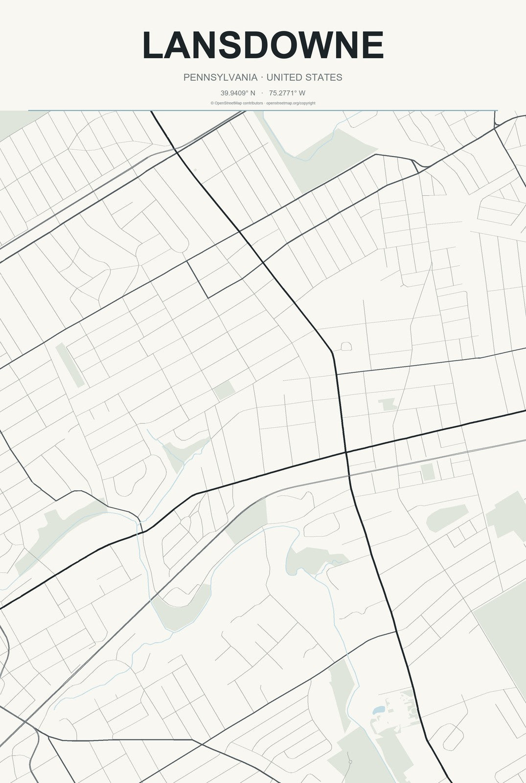 Lansdowne, Pennsylvania City Map Aluminum Sign in Headline Atlas style