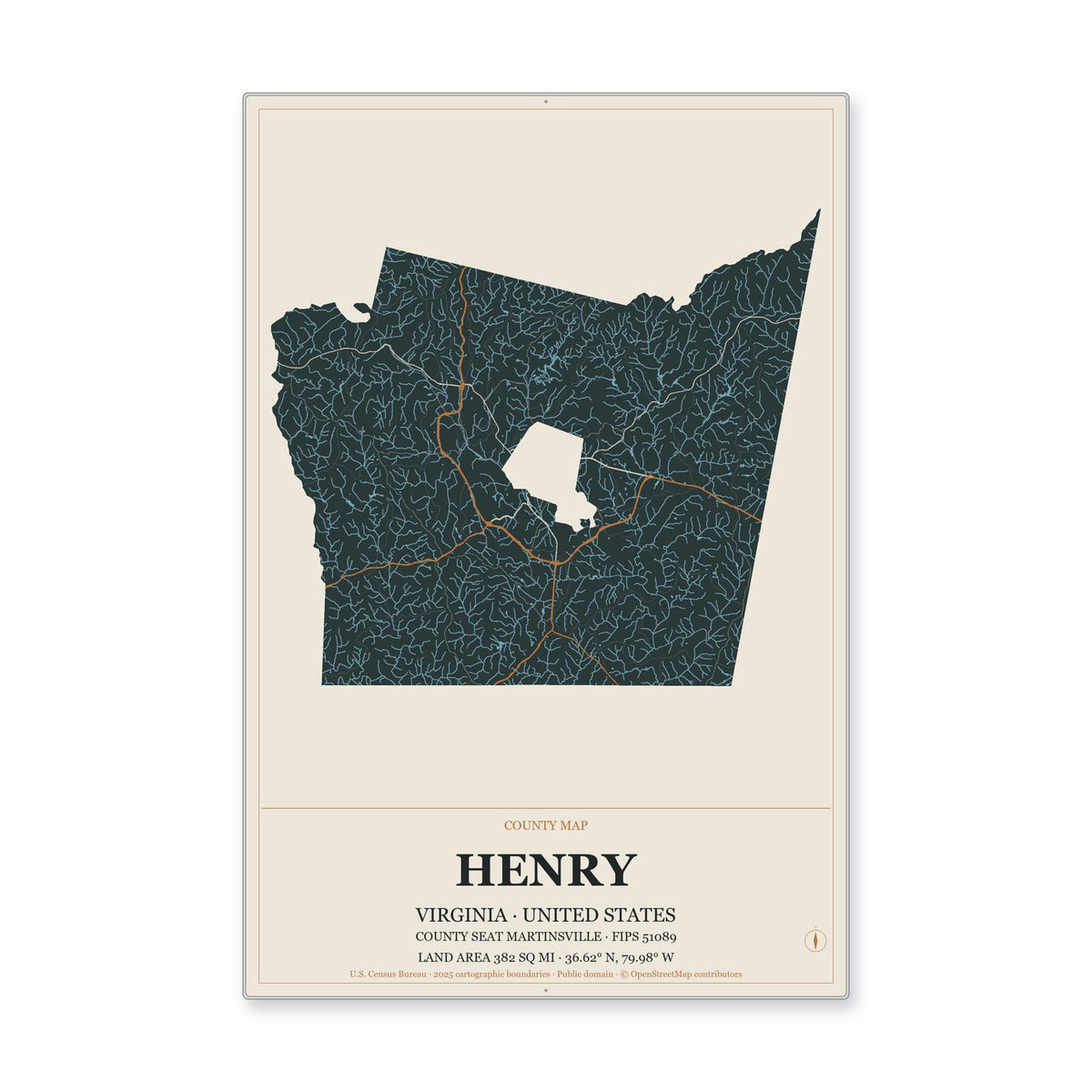 Henry County, Virginia Map Aluminum Sign in Headline Atlas style