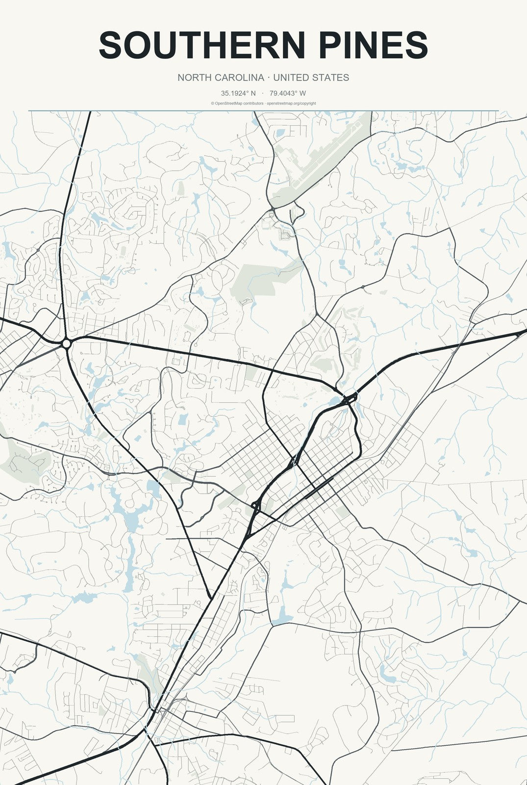 Southern Pines, North Carolina City Map Aluminum Sign in Headline Atlas style