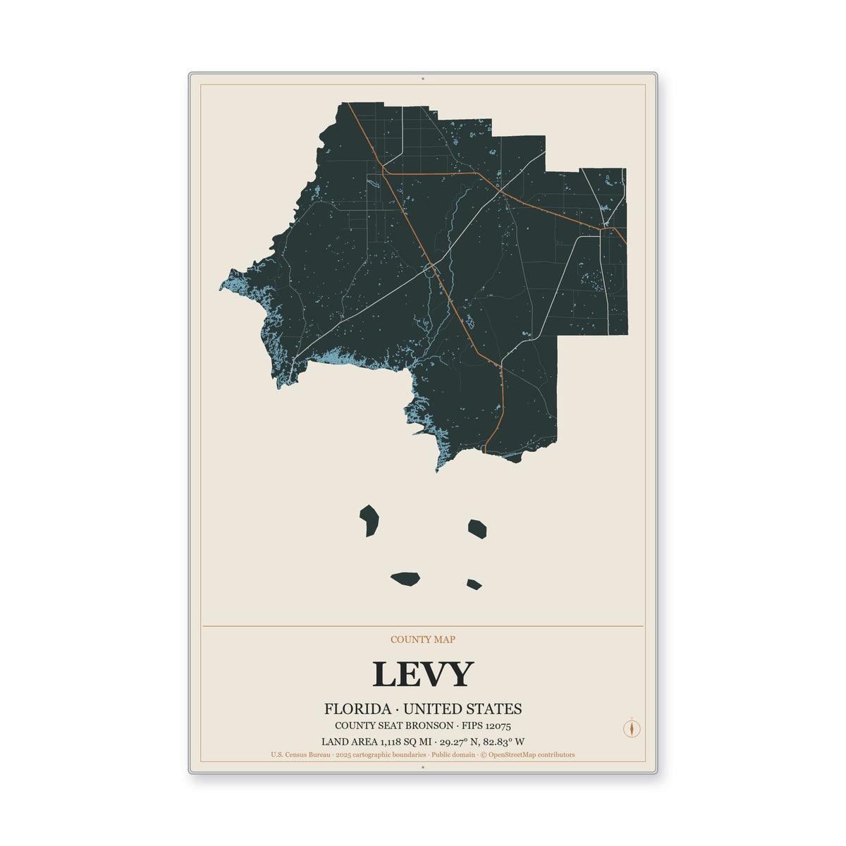 Levy County, Florida Map Aluminum Sign in Headline Atlas style