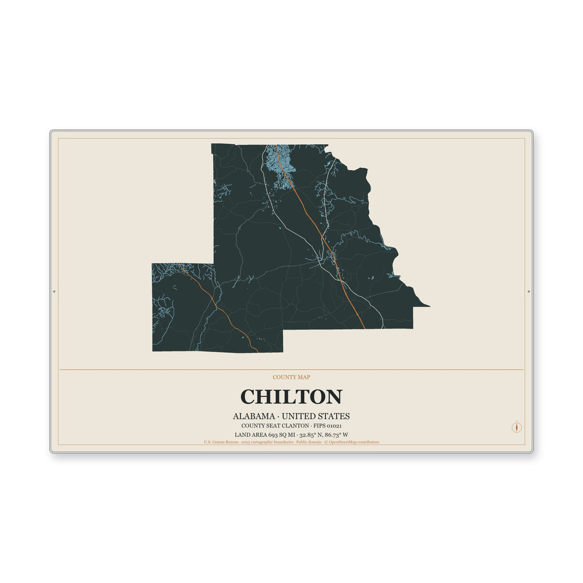 Chilton County, Alabama Map Aluminum Sign in Headline Atlas style