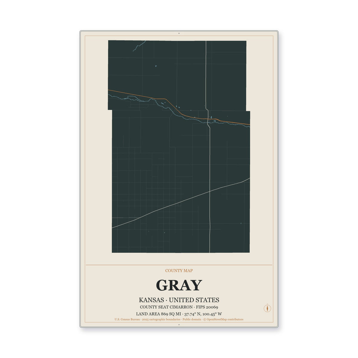 Gray County, Kansas Map Aluminum Sign in Headline Atlas style