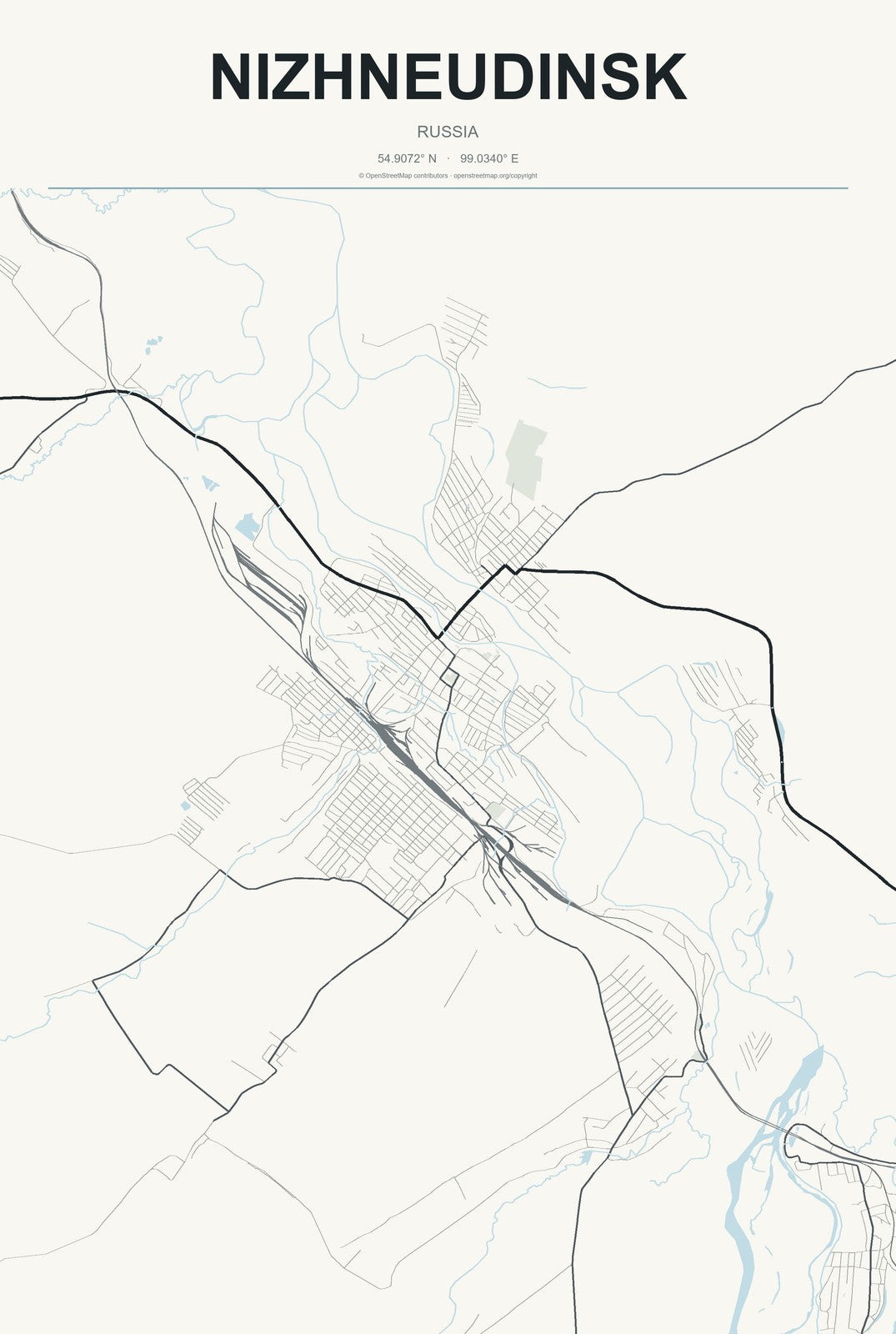 Nizhneudinsk, Russia City Map Aluminum Sign in Headline Atlas style