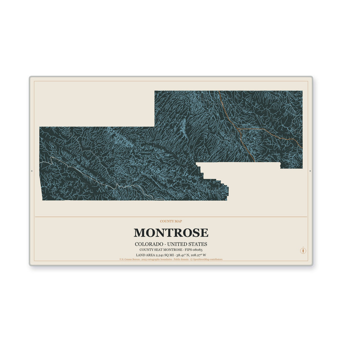 Montrose County, Colorado Map Aluminum Sign in Headline Atlas style