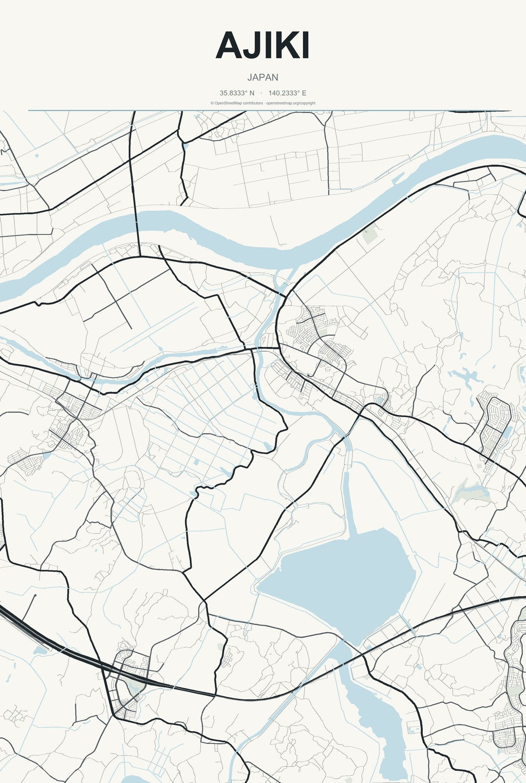 Ajiki, Japan City Map Aluminum Sign in Headline Atlas style