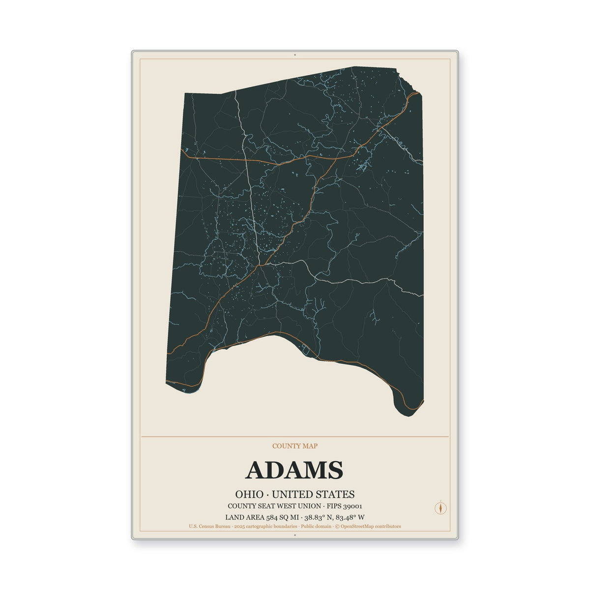 Adams County, Ohio Map Aluminum Sign in Headline Atlas style