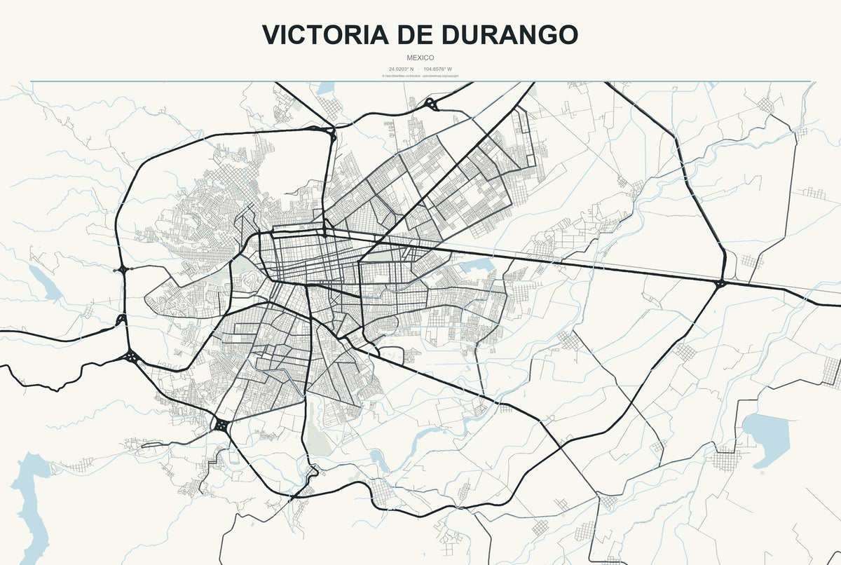 Victoria de Durango, Mexico City Map Aluminum Sign in Headline Atlas style