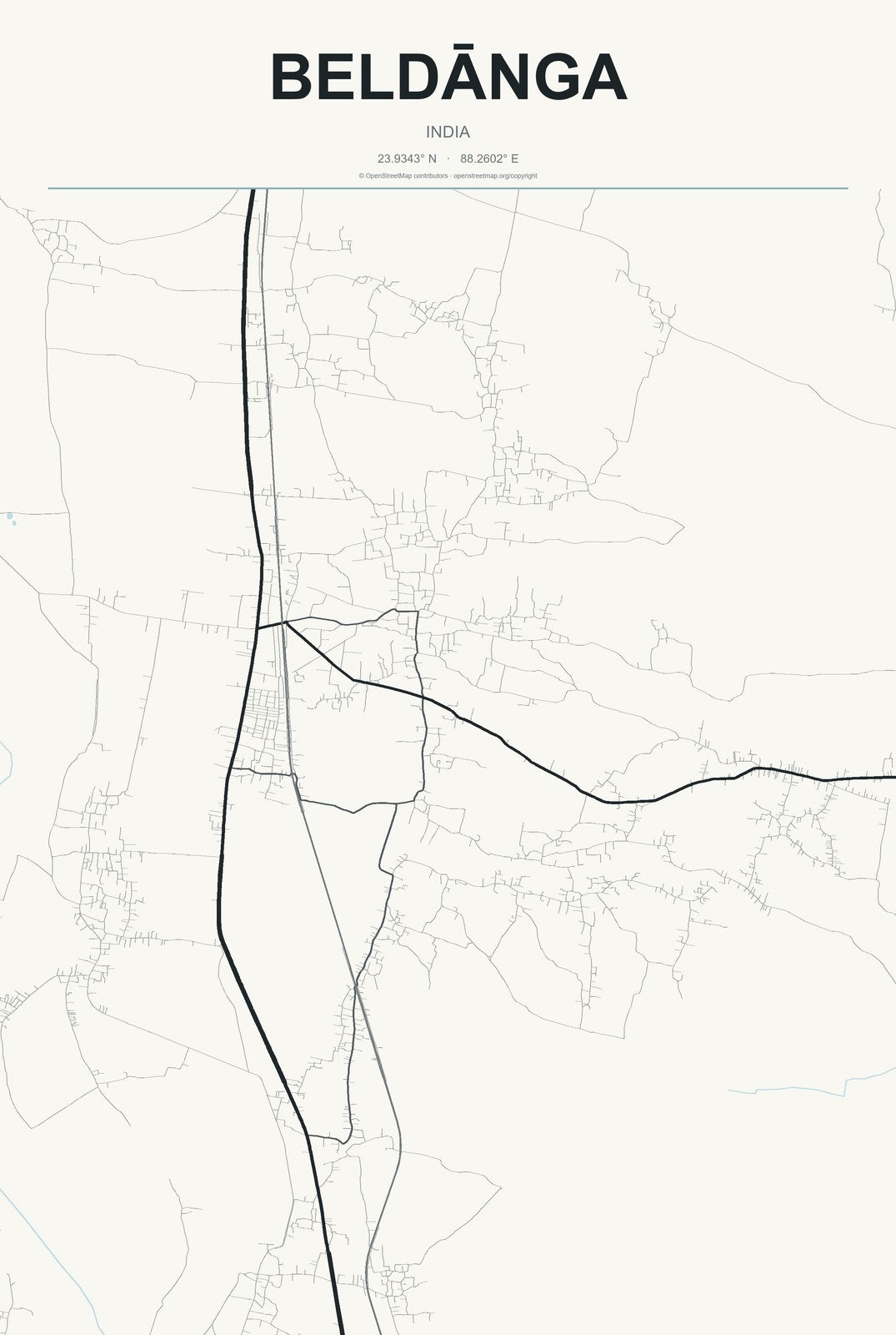 Beldānga, India City Map Aluminum Sign in Headline Atlas style