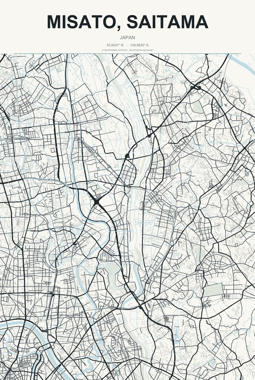 Misato, Saitama, Japan City Map Aluminum Sign in Headline Atlas style