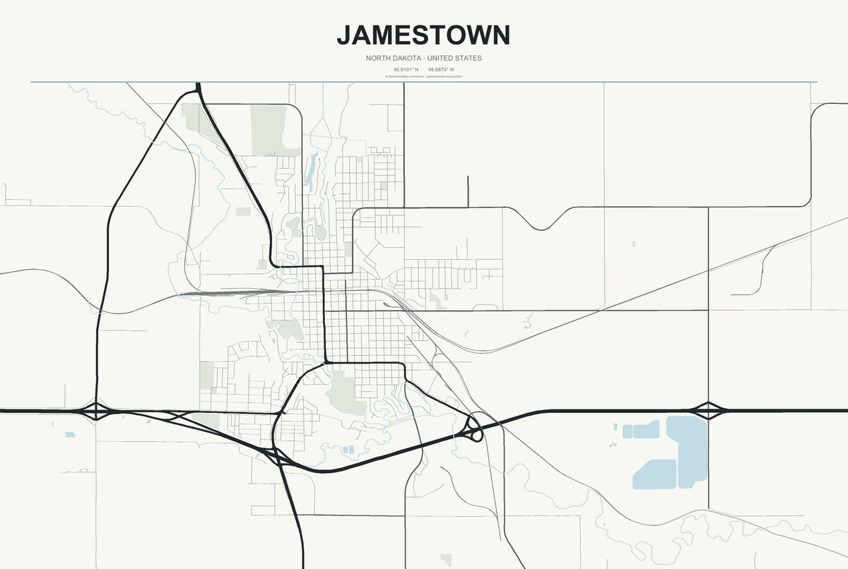 Jamestown, North Dakota City Map Aluminum Sign in Headline Atlas style