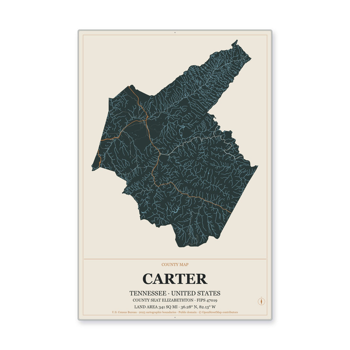 Carter County, Tennessee Map Aluminum Sign in Headline Atlas style
